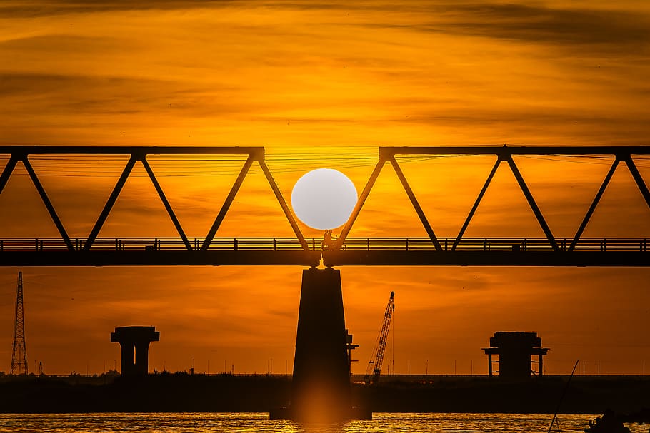 brigde, sun, black, lonely, ball, sad, sunset, sky, orange color HD wallpaper