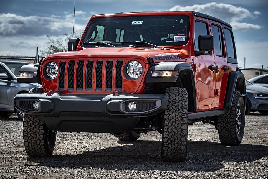 Photo of a Parked Red Jeep Wrangler Rubicon, automotive, car