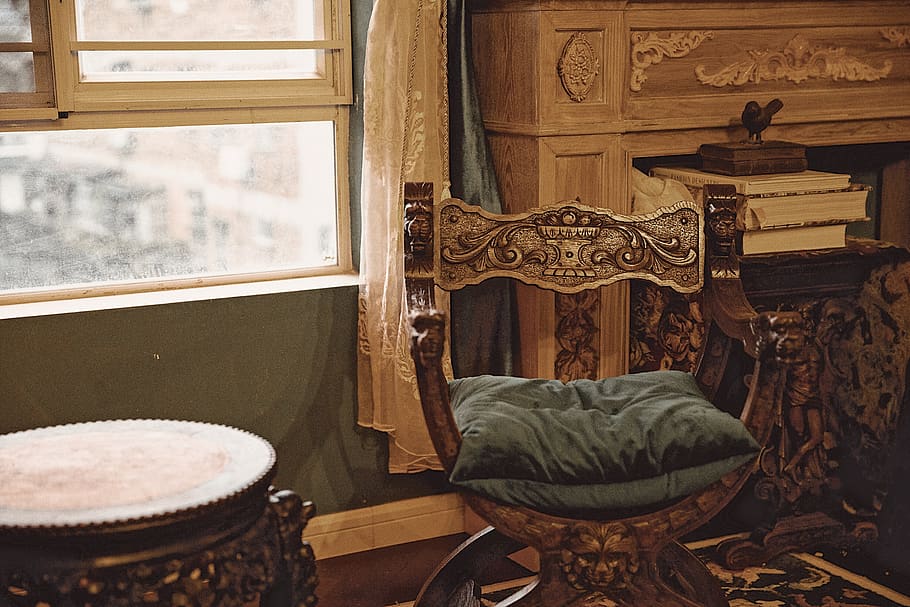 Brown Wooden Armchair, antique, books, cushion, decoration, design, HD wallpaper