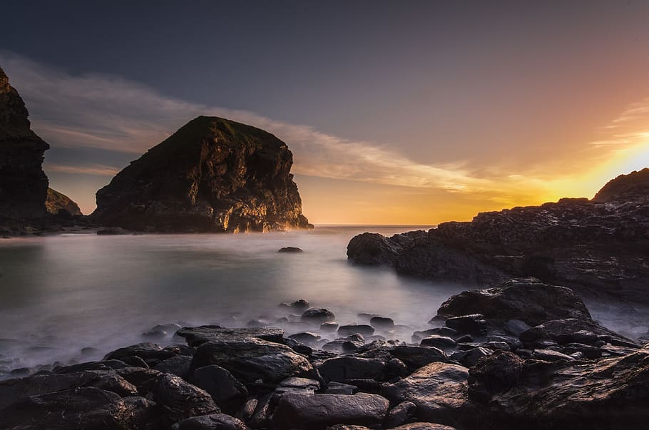 Sea Near Mountain With Golden Background, beach, clouds, evening HD wallpaper