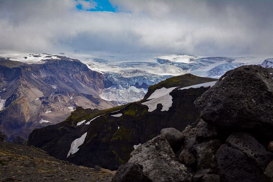 mountain range under dramatic clouds during daytime, slope, nature HD wallpaper