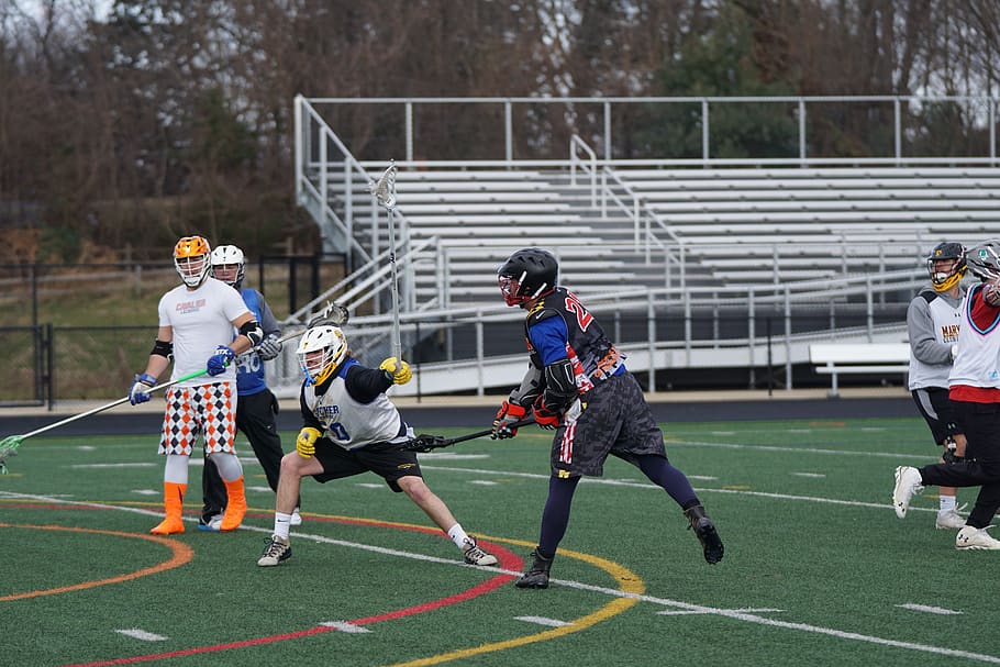men playing lacrosse on field, person, human, apparel, helmet HD wallpaper