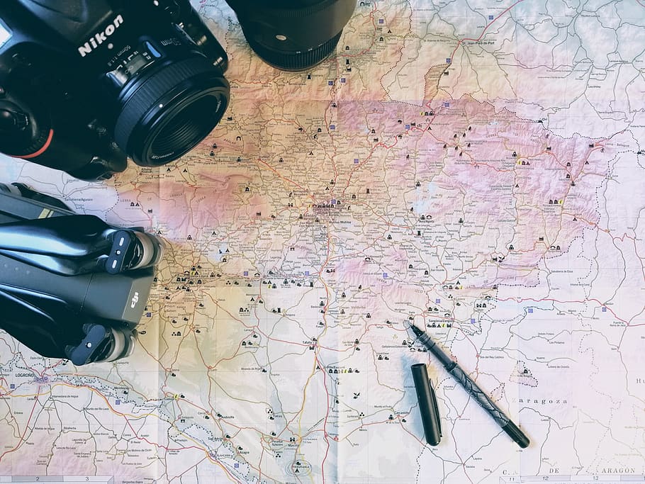 brown map and black Nikon camera, photography themes, technology HD wallpaper