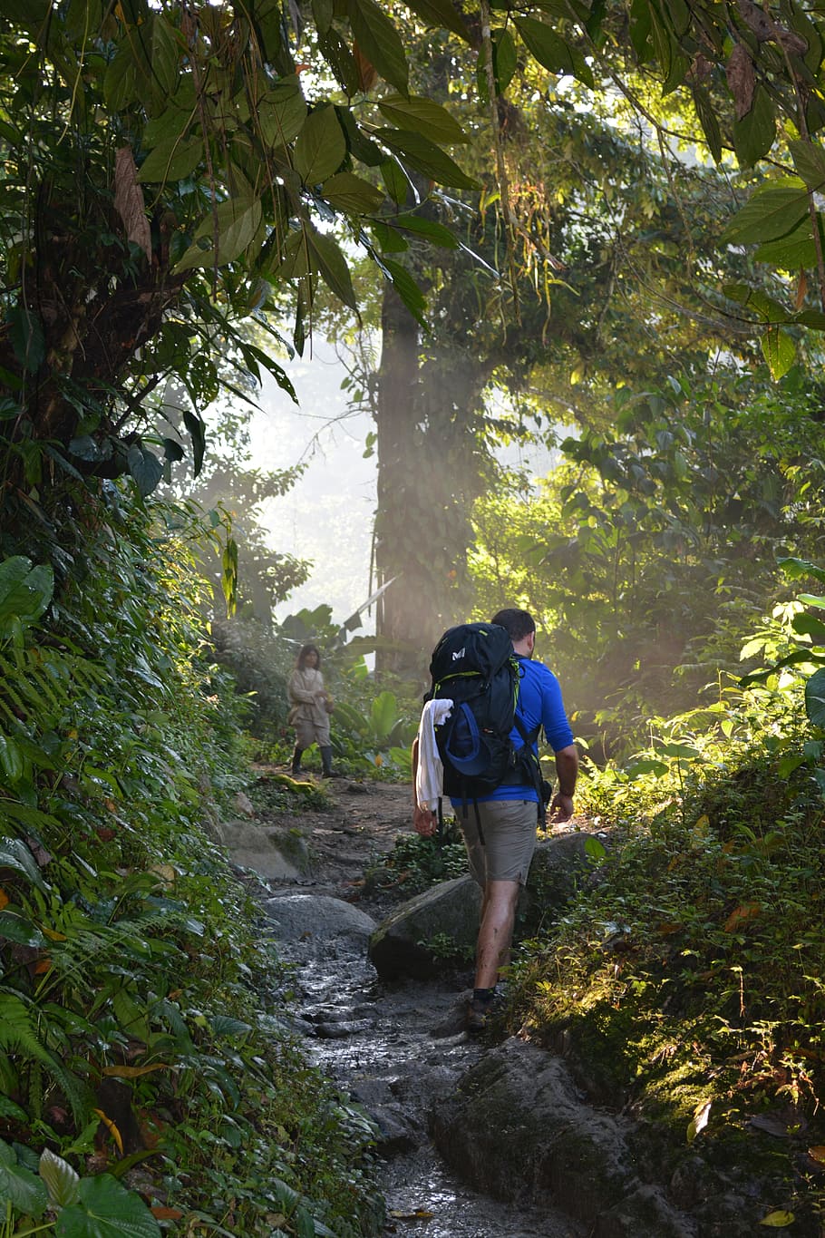 Man Walking on Muddy Trail, adventure, backpack, daylight, environment HD wallpaper