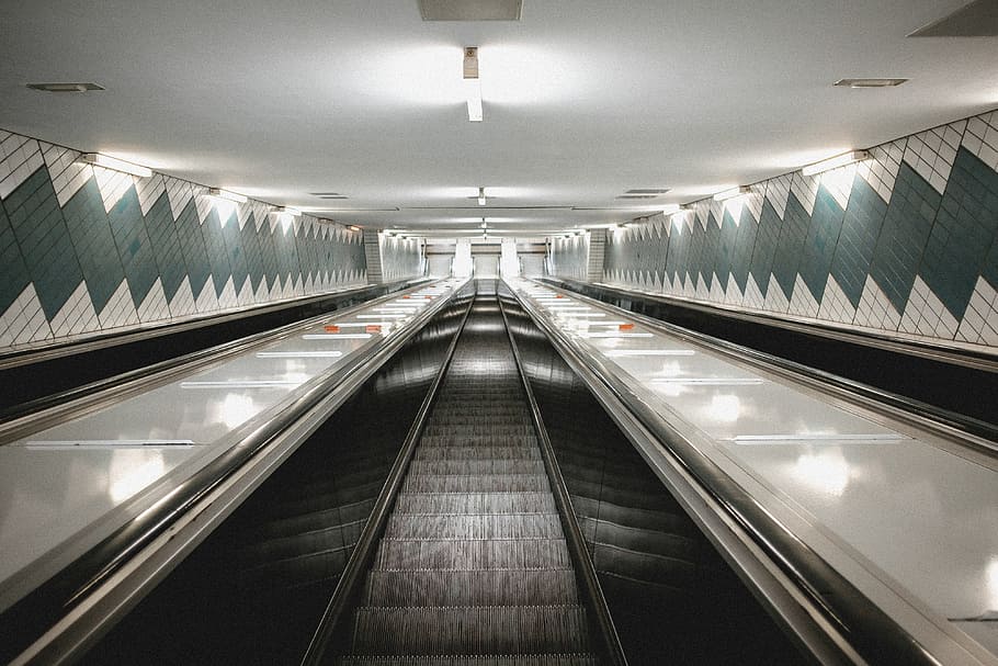 Subway Escalator, abstract, architecture, bahn, blue, building HD wallpaper