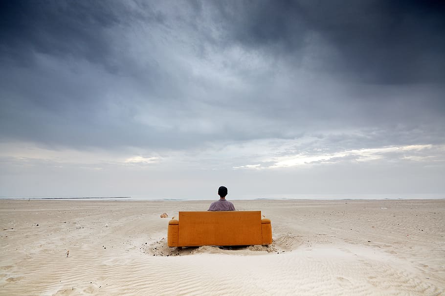 yellow sofa, sea, scenery, self, furniture, alone, view, sunset, HD wallpaper