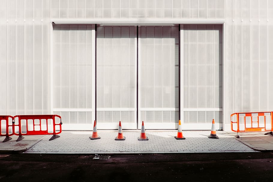 wall, window, covering, building, street, traffic, cone, orange HD wallpaper