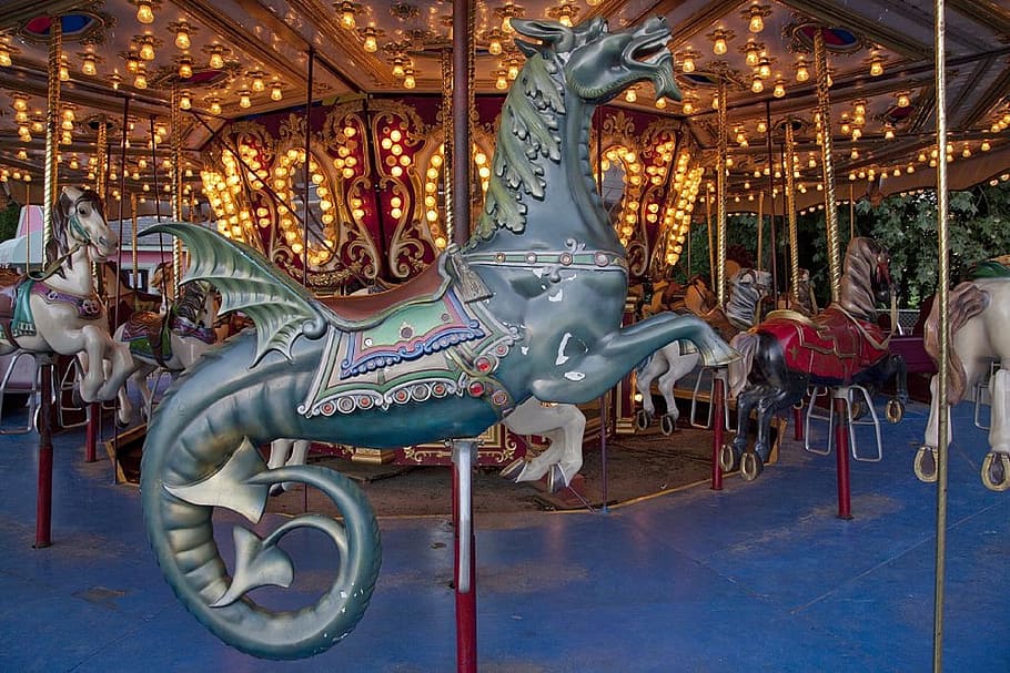 ride, dragon, object, park, wooden, carousel, animal representation HD wallpaper