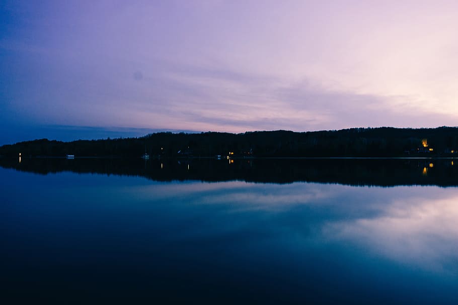 lake, water, reflection, purple, sky, sunset, dusk, evening HD wallpaper