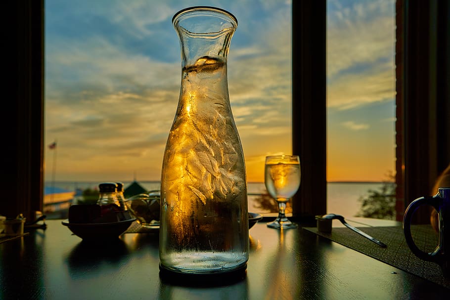 Clear Wine Glass and Clear Glass Pitcher, bottle, clouds, cup HD wallpaper