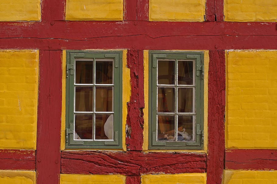 Two Blue Wooden Windowpanes, architecture, brick, building, color HD wallpaper