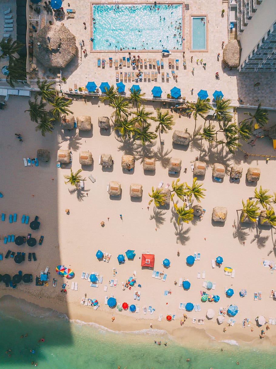 aerial photography of beach and swimming pool, aerial view, drone view, HD wallpaper