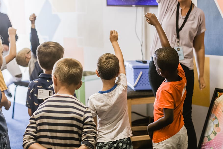 teacher teaching children raising hands in classroom, human, person