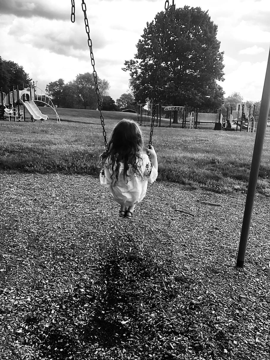 child, swing, playground, hair, kid, girl, little, black and white, HD wallpaper