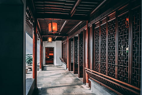 brown wooden window frame, corridor, floor, door, porch, flooring HD wallpaper