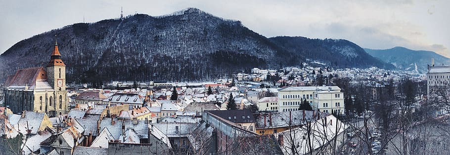 romania, brașov, turnul alb, city, brasov, panorama, mountain, HD wallpaper