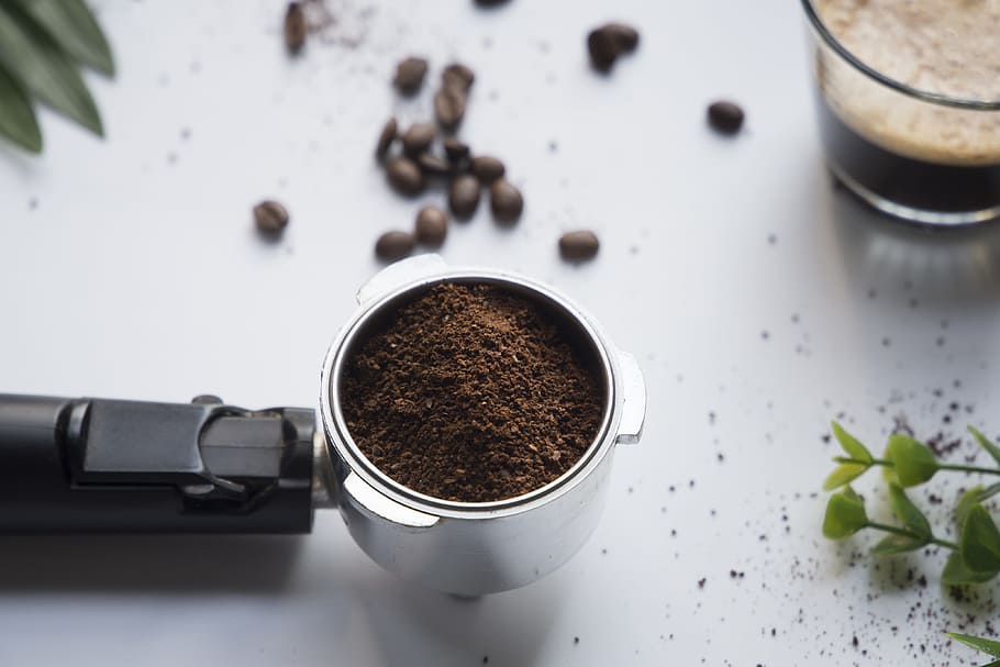 grained coffee in gray stainless steel container, filter, bean HD wallpaper