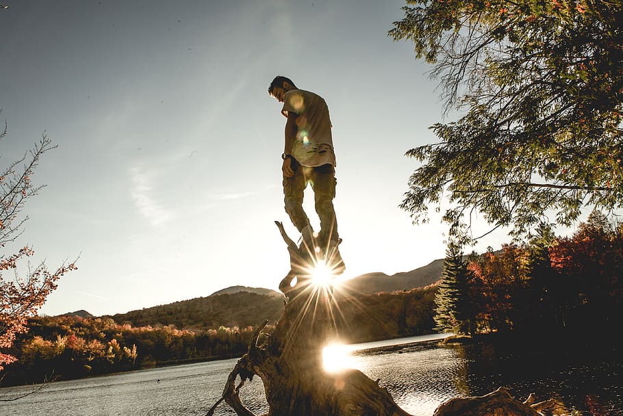 forest, lake, trees, man, water, fall, fashion, flares, sun HD wallpaper