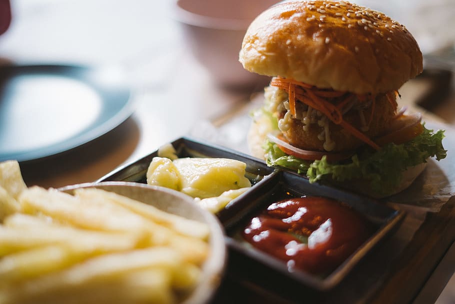 Serving of Burger With Potato Fries, blurred background, bread HD wallpaper