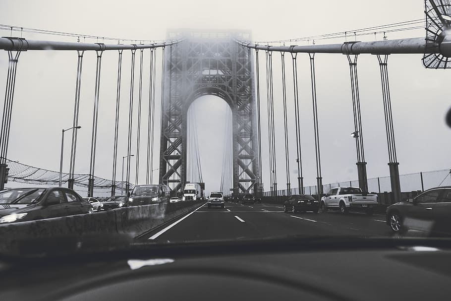 Grayscale Photography of Cars on Bridge, architecture, asphalt