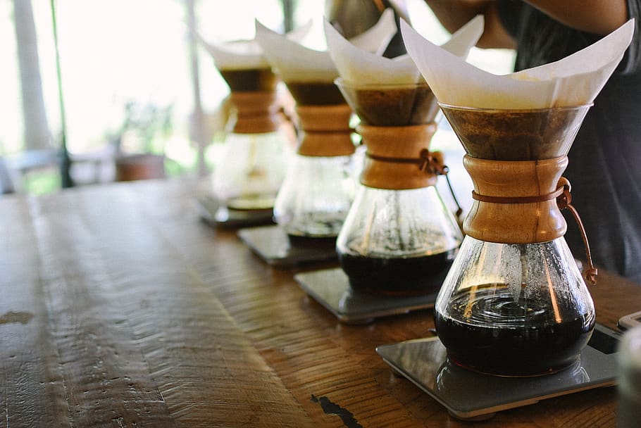 coffee, pour over, chemex, brew, fresh, table, focus on foreground