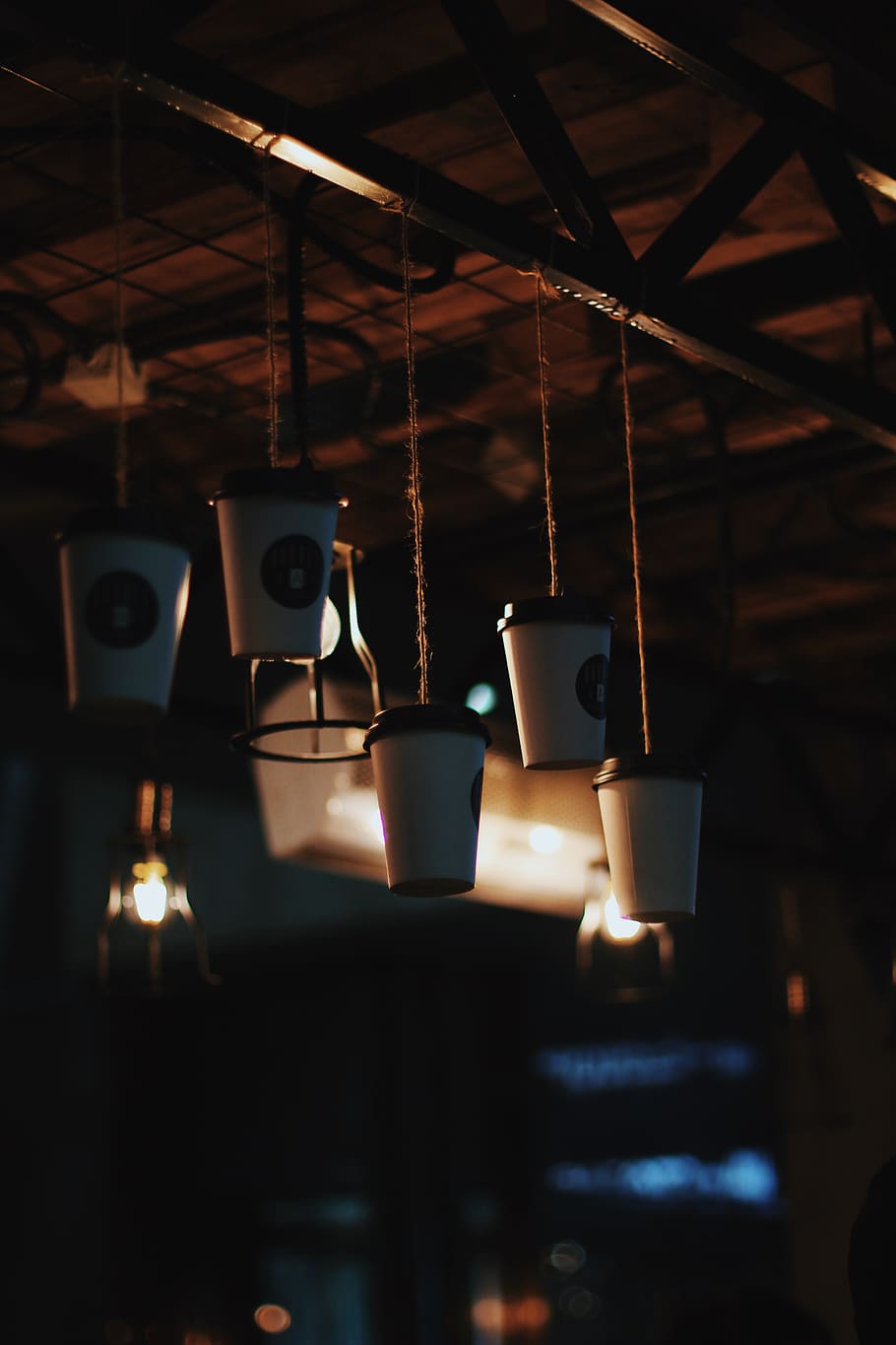 five white hanging coffee disposable cups, almaty, doubleacoffee HD wallpaper