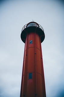 red lighthouse tower, building, architecture, beacon, handrail HD wallpaper