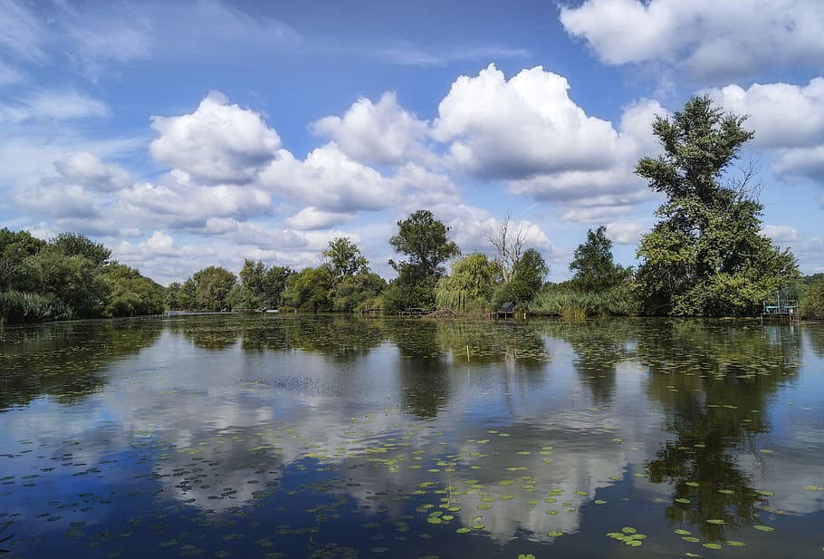 clouds, reflection, water, landscape, sky, blue, silence, light HD wallpaper