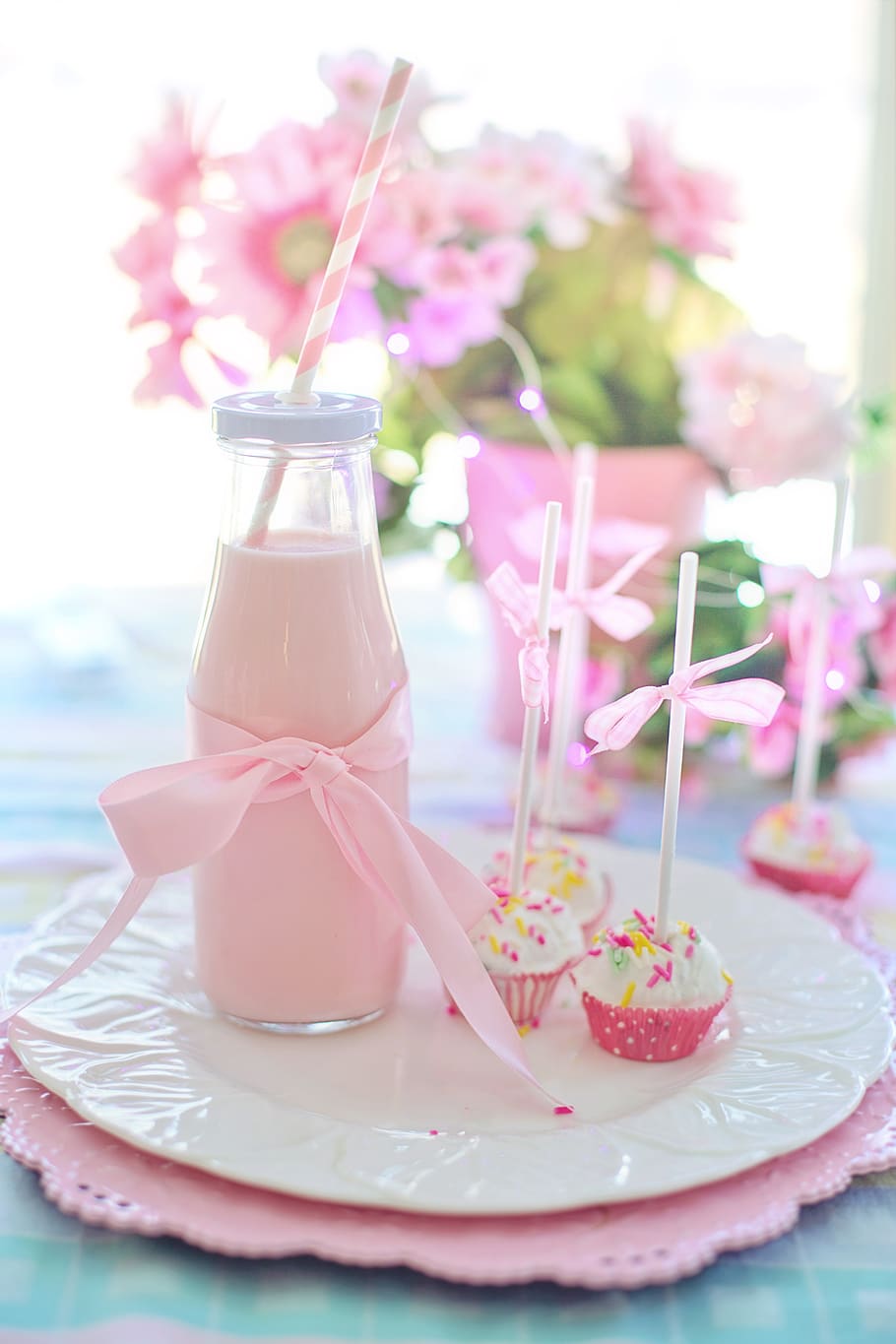 cake pop, milk, pink, strawberry milk, drink, food, delicious, HD wallpaper