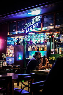 San Mig Light store sign, pub, human, person, bar counter, lighting HD wallpaper