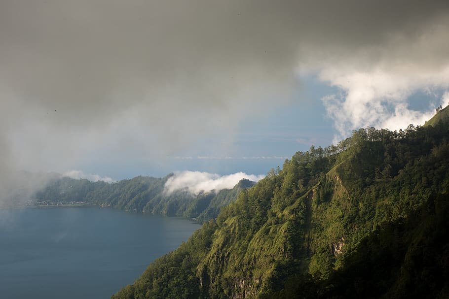 trees, lake, volcano, crater, mountain, cloud - sky, beauty in nature HD wallpaper