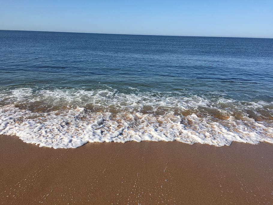sky, blue, scum, sand, wave, sea, water, beach, land, horizon over water HD wallpaper