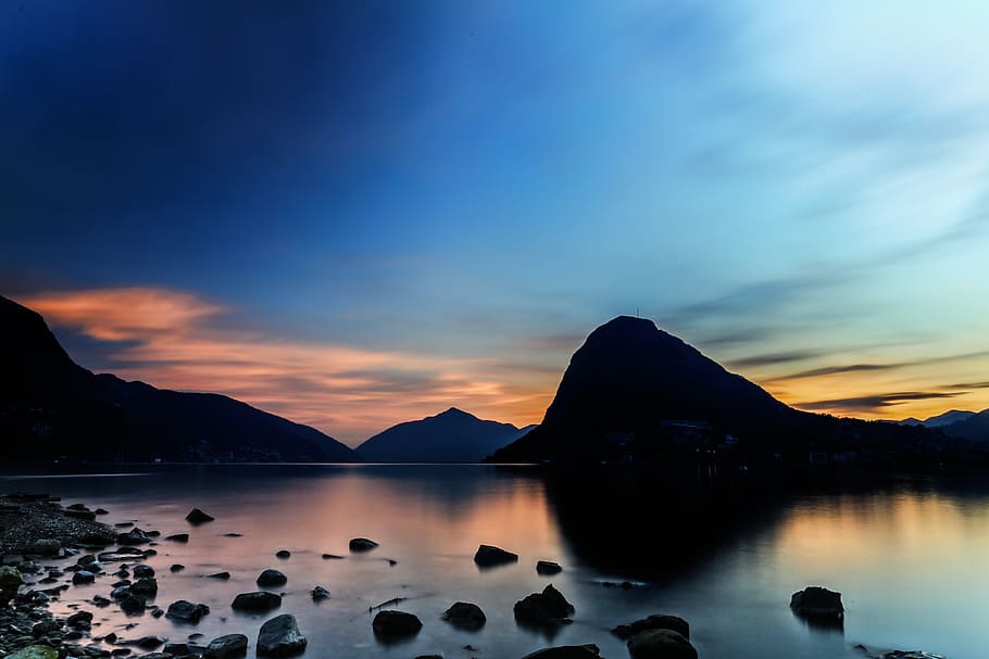 Silhouette Of Mountain, backlit, calm, dawn, landscape, nature HD wallpaper