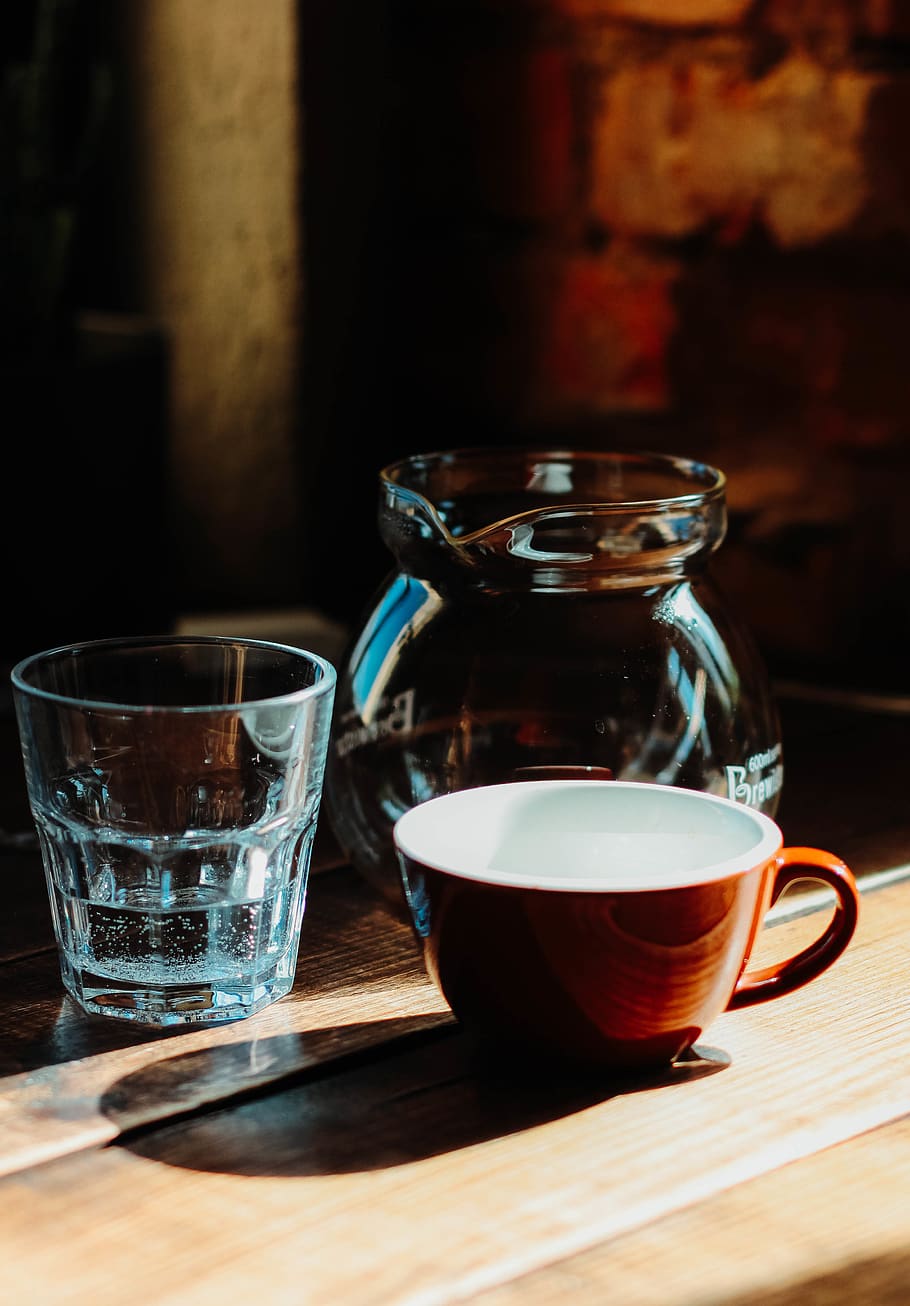 Brown And White Ceramic Cup Besides Clear Drinking Glass, beverage HD wallpaper