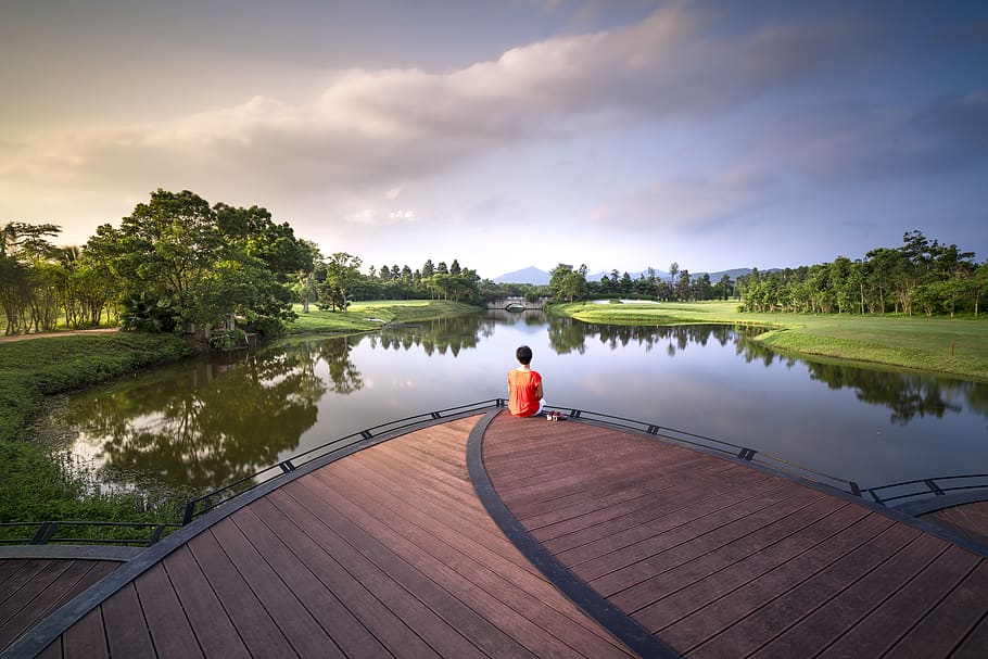 Person Sitting on Dock, clouds, dawn, daylight, environment, grass HD wallpaper