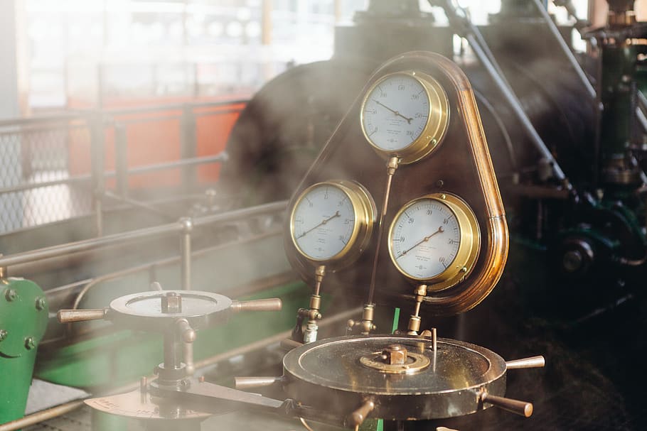 Three Gold-colored Gauges, engine, industry, machine, pressure HD wallpaper