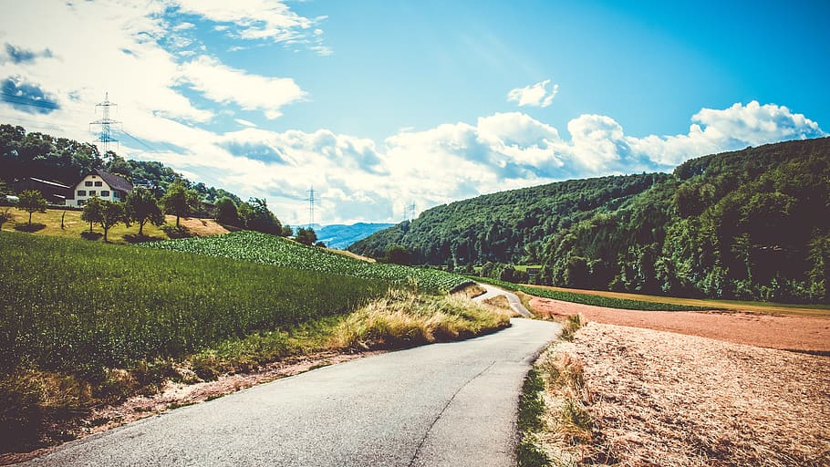 Green Field and Road in Landscape Photography, asphalt, clouds HD wallpaper