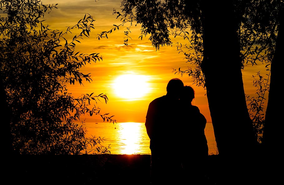 sunset, lake, romance, lovers, abendstimmung, lakeside, silhouette, HD wallpaper