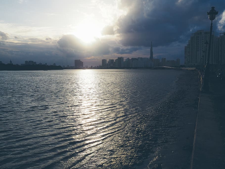 sunset, landscape, sunshine, sky, cloud - sky, water, building exterior HD wallpaper