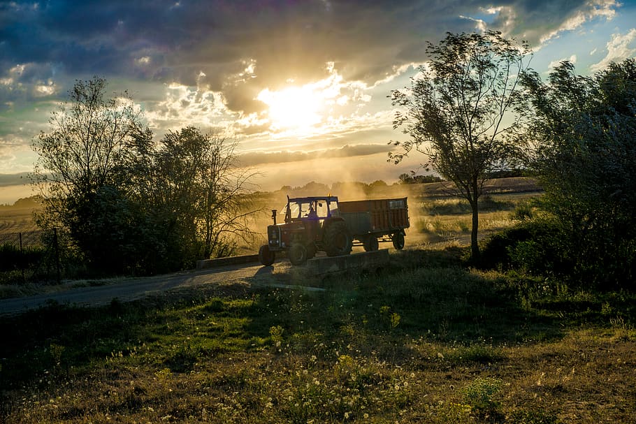 Tractor With Trailer Under Cloudy Skies during Day, clouds, country HD wallpaper