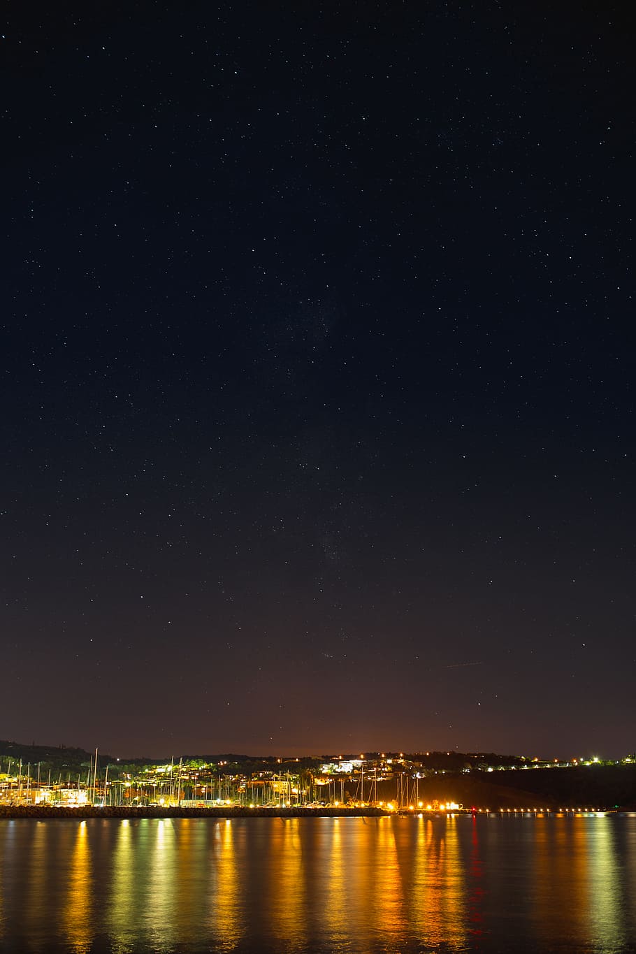 Starry sky at night over the marina, Izola, Slovenia, night sky, HD wallpaper