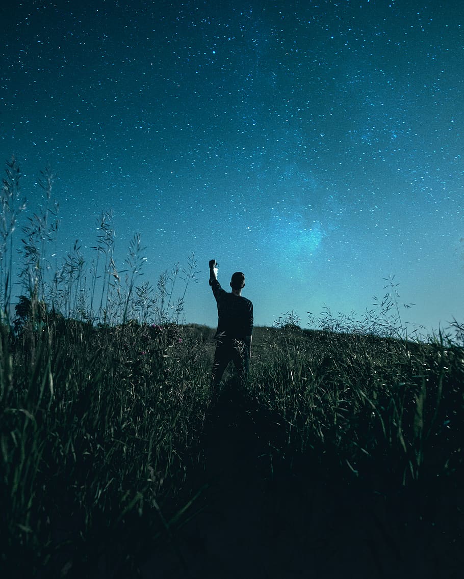 man standing, sky, field, real people, one person, star - space HD wallpaper