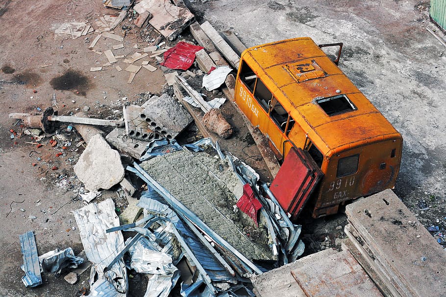 background, broken, bus, chaos, construction, damaged, decay HD wallpaper