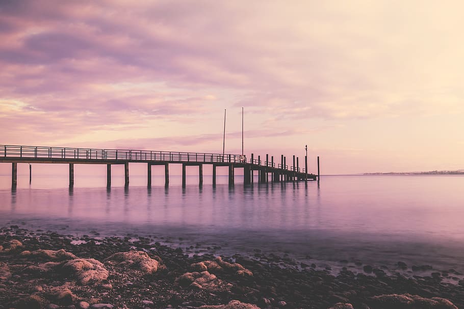Sea Dock during Golden Hour, bay, beach, bridge, dawn, evening HD wallpaper