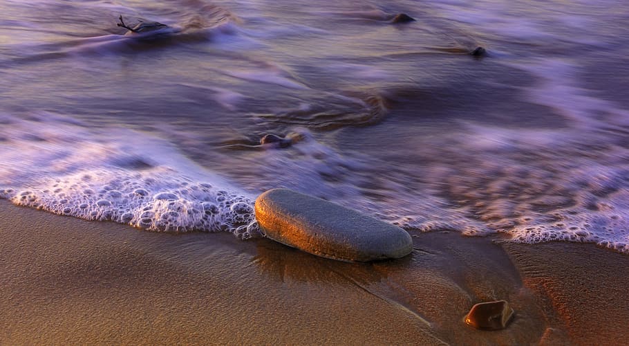 Stone On Shore, beach, ocean, rock, sand, sea, seashore, water HD wallpaper