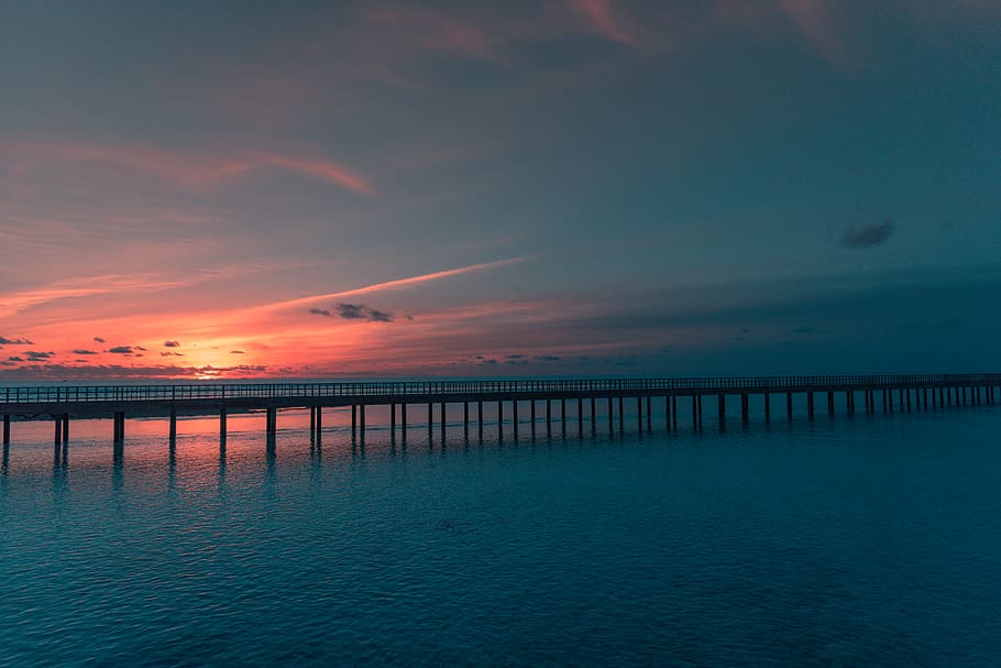 black sea dock during sunset, water, waterfront, port, pier, dusk HD wallpaper
