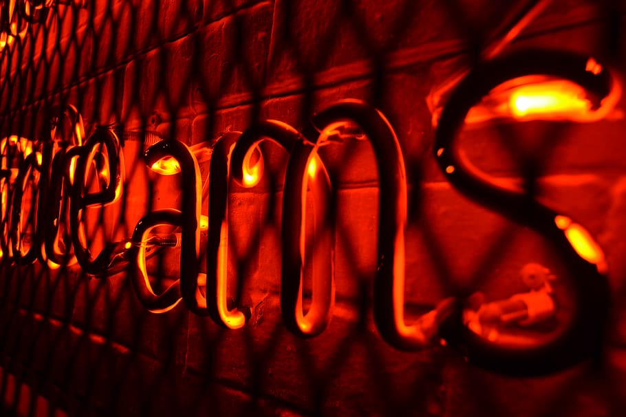 red LED dreams sign, light, text, #neon #words #red #club, hook, HD wallpaper