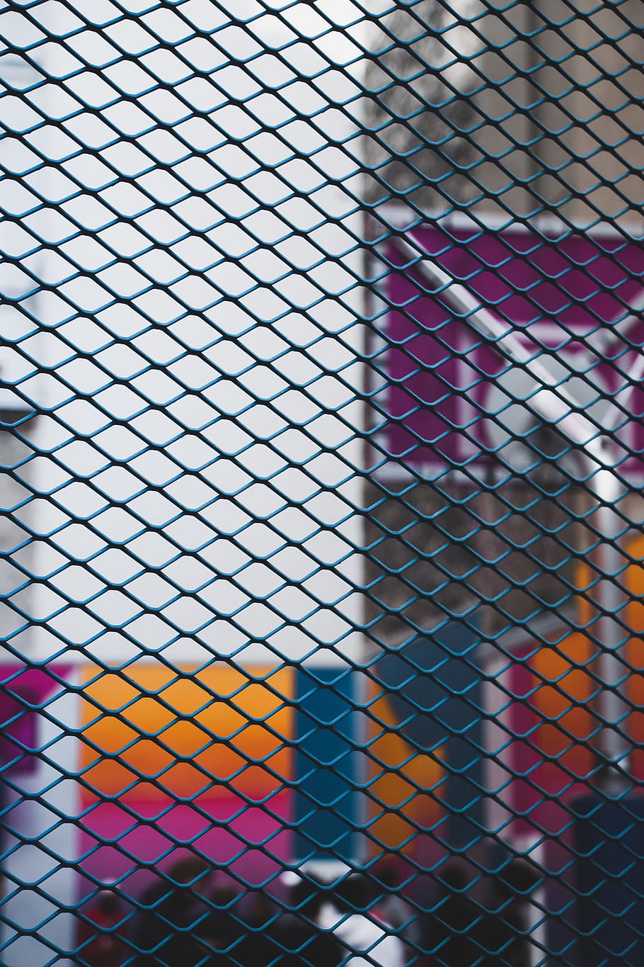 purple basketball hoop view from blue cyclone screen, fence, no people HD wallpaper