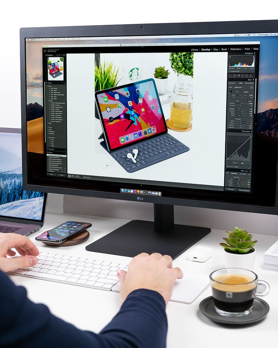 person using computer setup on white desk, technology, wireless technology HD wallpaper