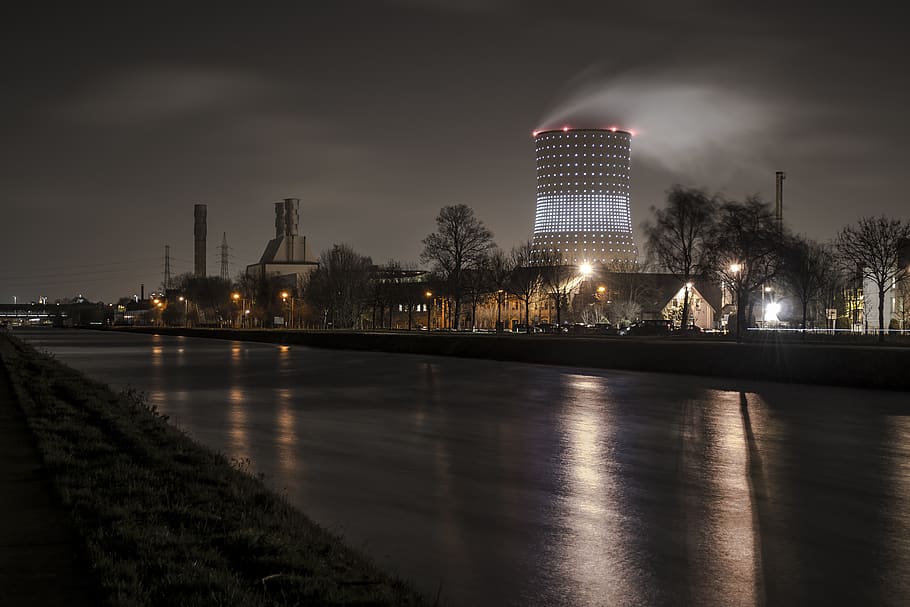 brussels, night, belgium, light, water, canal, tower, built structure HD wallpaper